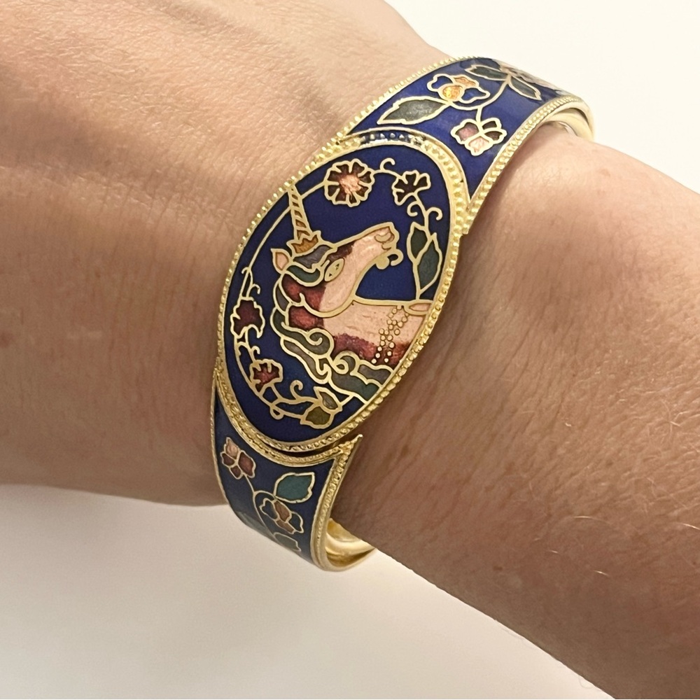 Vintage Blue Enamel Cloisonne Unicorn Hinge Clamper Cuff Bracelet